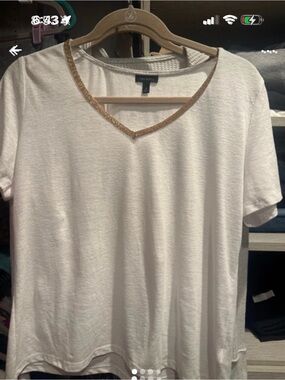 Talbots Cream Short-Sleeve V-Neck Top with Gold Trim